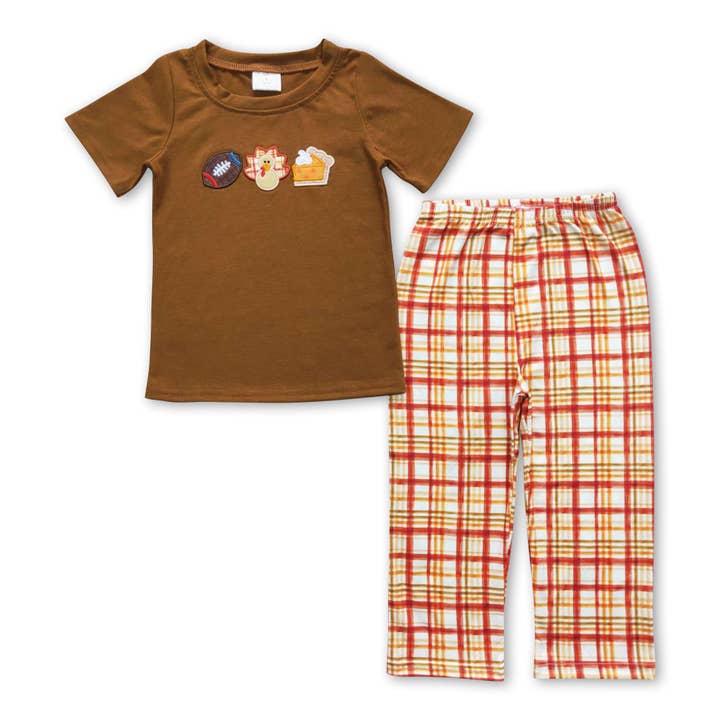 Yawoo Garments - Wholesale Top & Pant Set - Kids - Football turkey pumpkin pie shirt boy Thanksgiving clothes