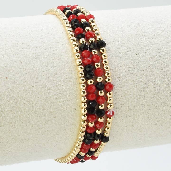 What's Hot - Wholesale Jewelry Set - Set of 4 Red and Black Glass Bead and Gold Stretch Bracelets, Great for Gameday!