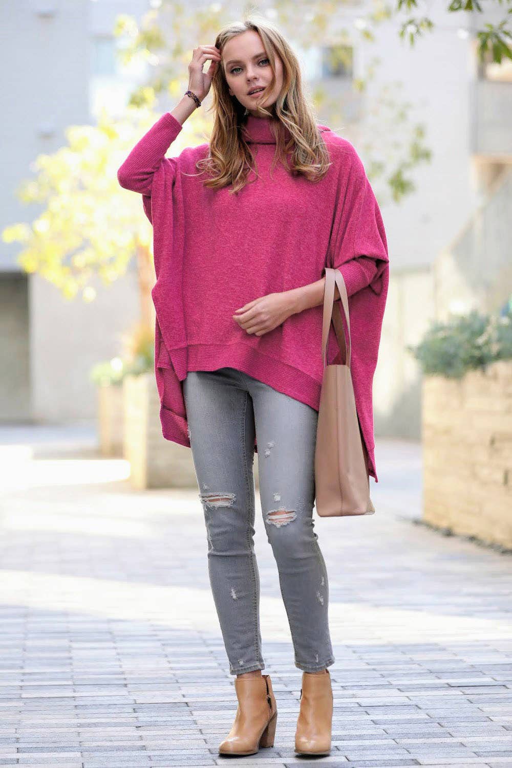 42POPS - Wholesale Knit Sweater - Women's - 1028 Brushed Melange Cowl Neck Poncho Hi Low Sweater SI-266580