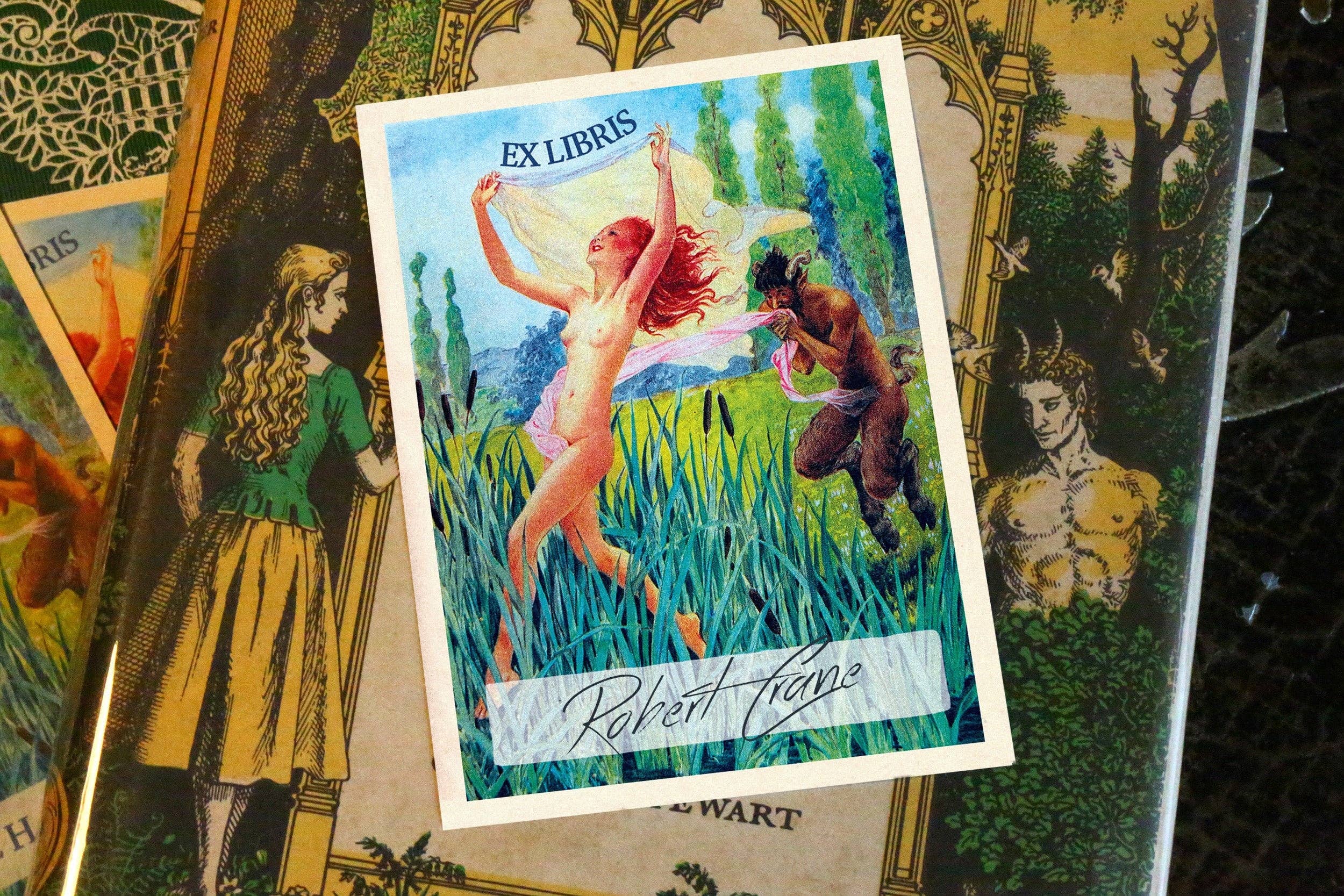 Ebon et Noir LLC - Wholesale Book Plate - Satyr Chasing Nymph, Gummed Paper Ex-Libris Bookplates0
