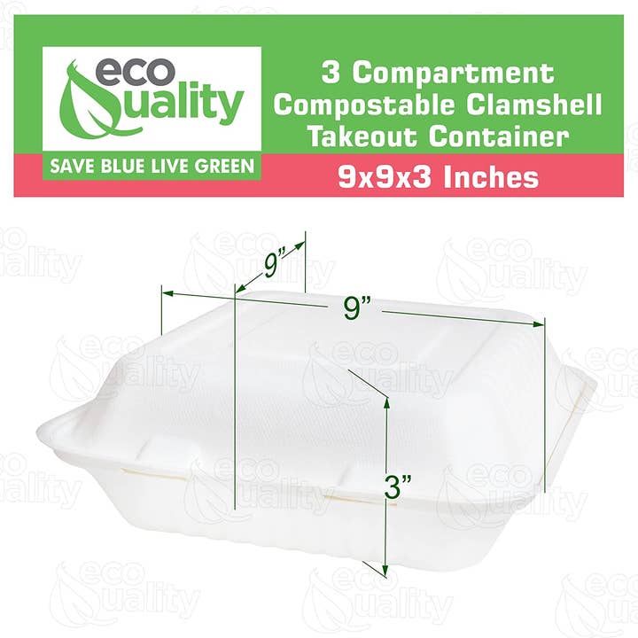 EcoQuality - Wholesale Food storage container - Compostable 3-Compartment Rectangular Hinged Clamshell 9x9x32