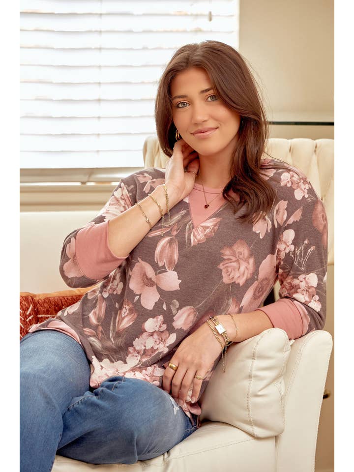 CHARCOAL MAUVE Relax Floral Print Knit Top SATURDAY-M0002 for wholesale on Faire