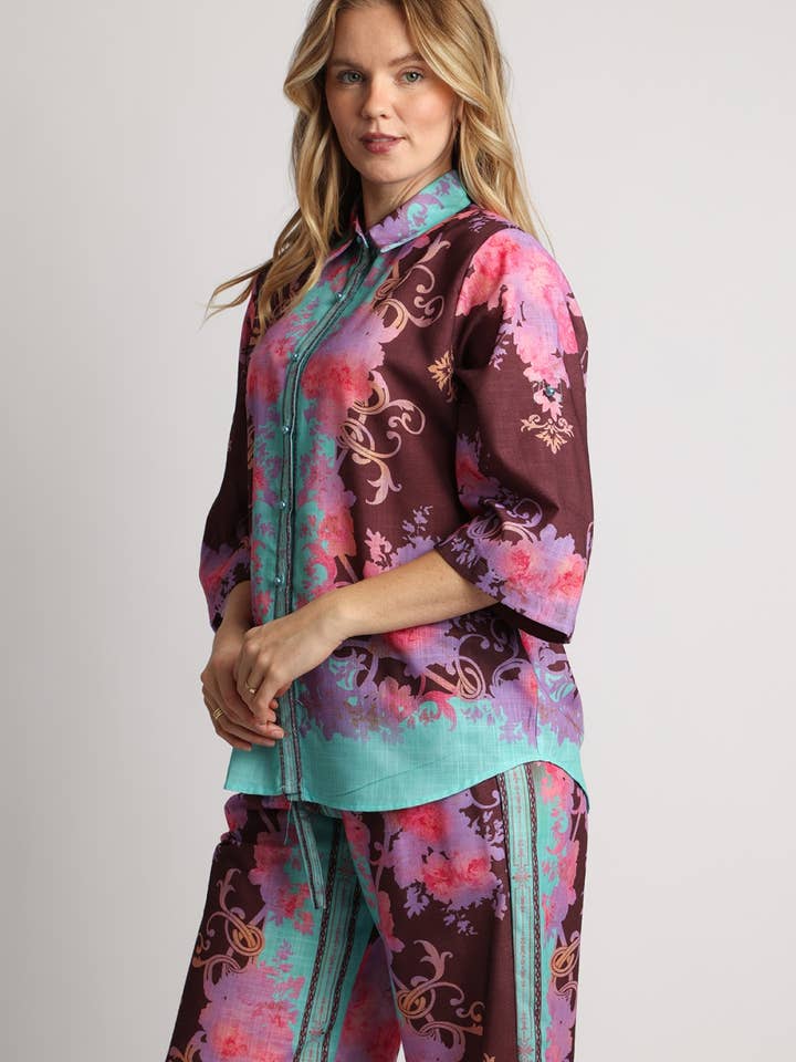 Whimsical Bohemian Print Linen Top & Pants Set QC6481 for wholesale by Beulah Style