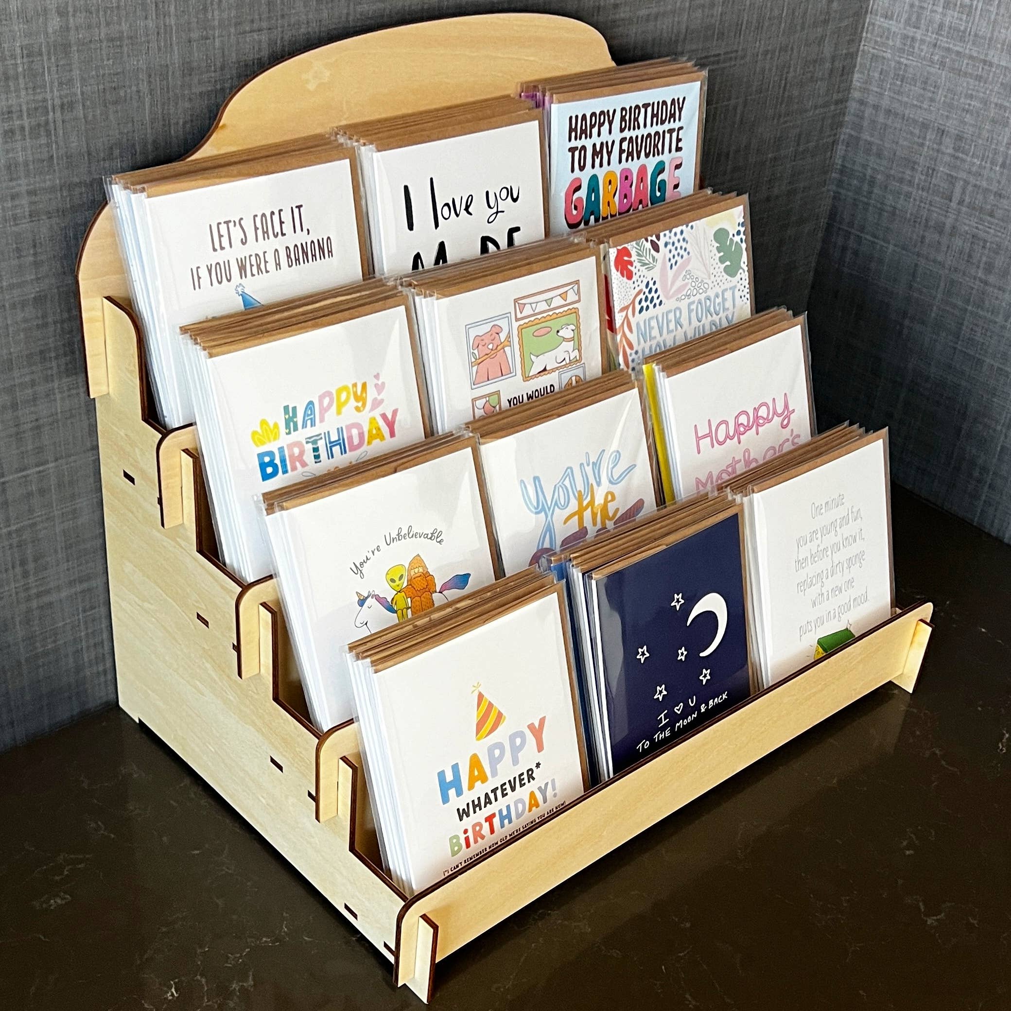 Big Moods - Wholesale Retailer Display - Paper & Novelty - 4 Tier Wooden Greeting Card Display Rack (Holds 12 Designs)3
