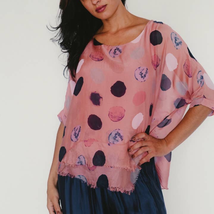 Dance in Paris – wholesale Blouse – Women’s – Top-Italian Silk Dotted with Built in 3 Frayed Front Layers 1