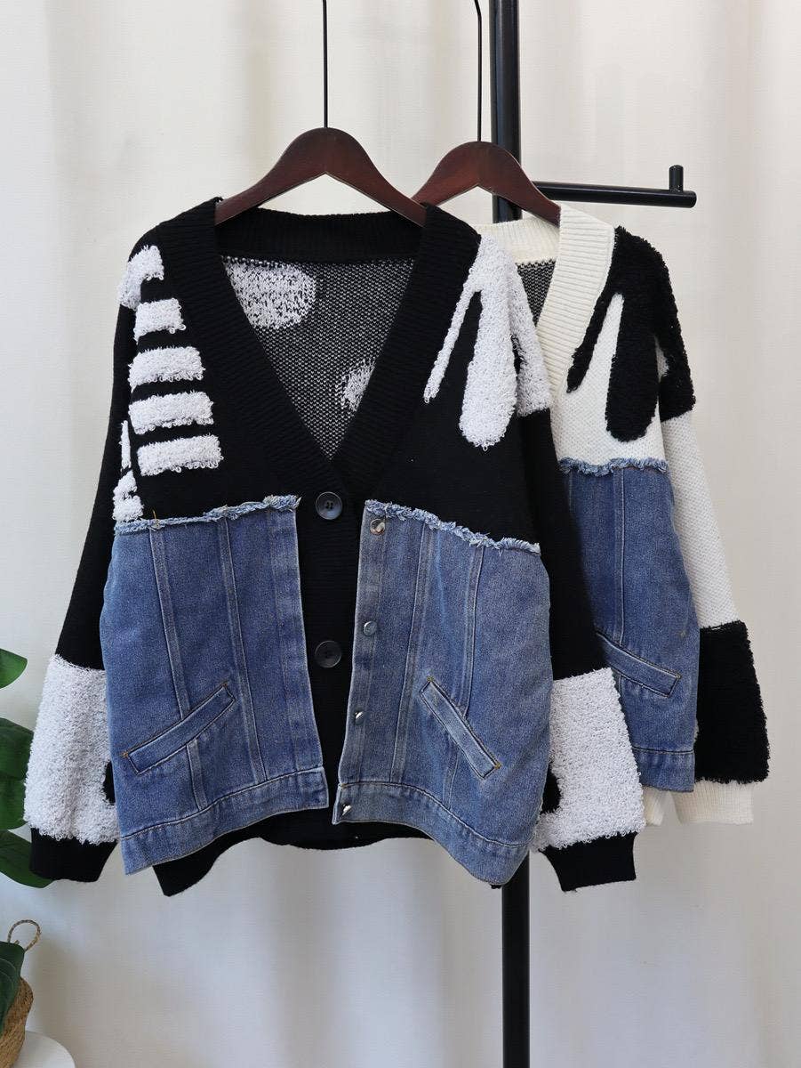 Productseeker - Wholesale Knit Top - Women's - JK104 Patchwork Denim Knitted Cardigan Sweater Jacket14