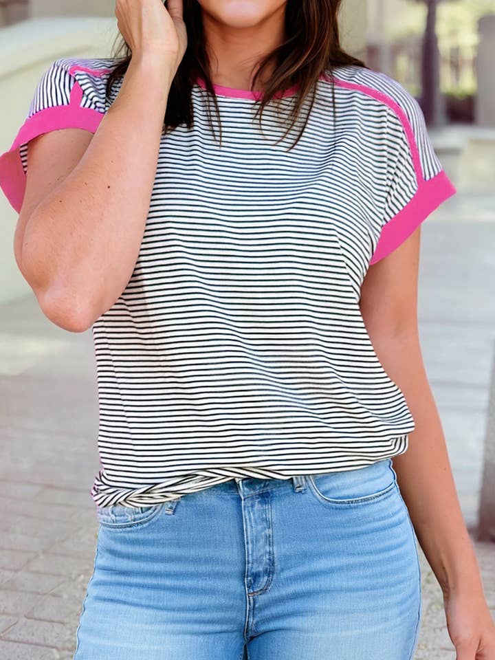 Rose Stripe Contrast Trim Round Neck Summer T Shirt | S-4X for wholesale by 1 the Woman