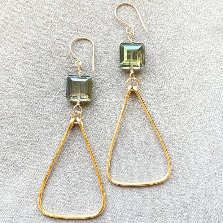 Gold Hammered Triangle and Square Crystal Earrings Green for wholesale by Marble Designs Jewelry