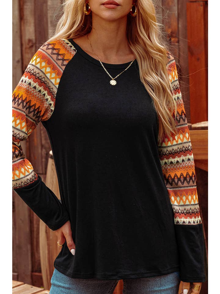 AS SHOWN Fashion-W Western Fall Geo Raglan Patchwork Long Sleeve Tee for wholesale on Faire8
