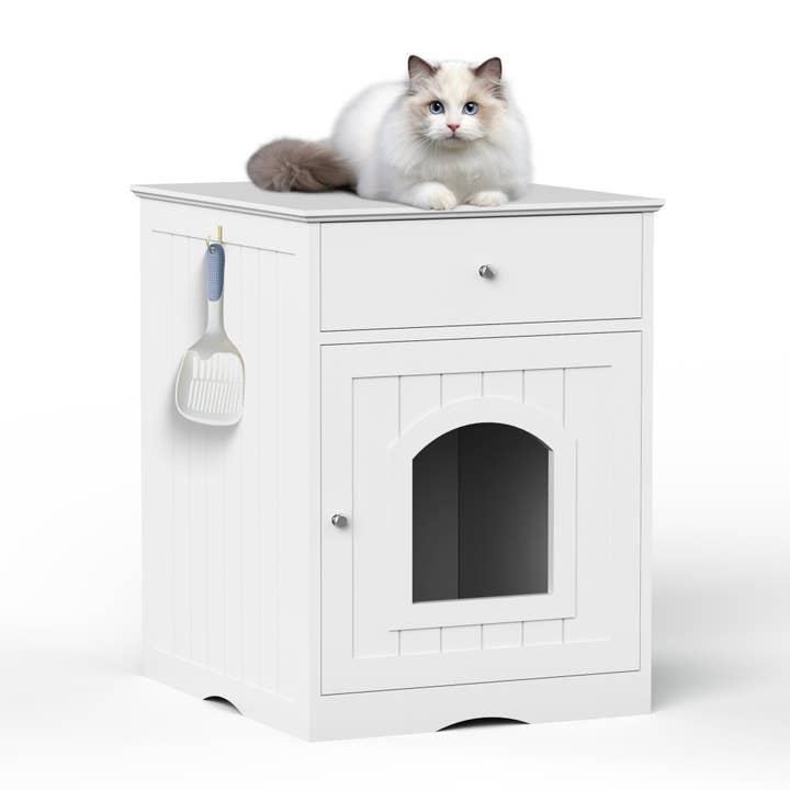 White Wooden Cat Litter Box Cabinet with Drawer for wholesale by 39F Inc.