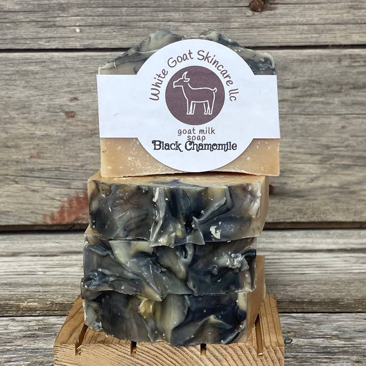 Black chamomile goat milk bar soap for wholesale by White Goat Skincare LLC