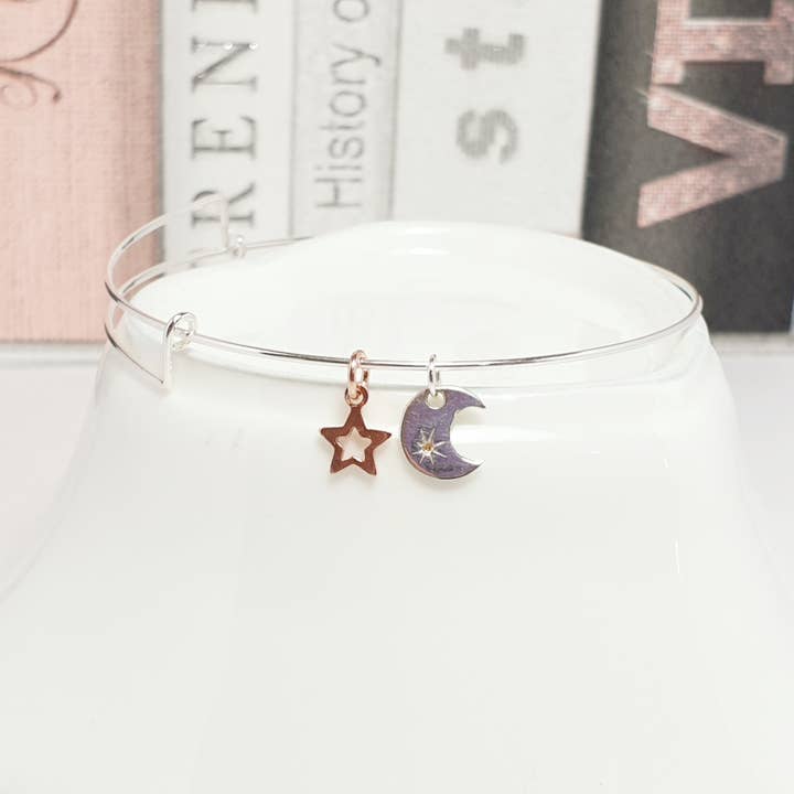 Silver moon and rose gold star bangle for wholesale by Sophie-May Designs