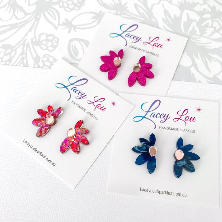 Lacey Lou Sparkles - Wholesale Stud/post earrings - Rose Glitter Bloom Acrylic Studs2