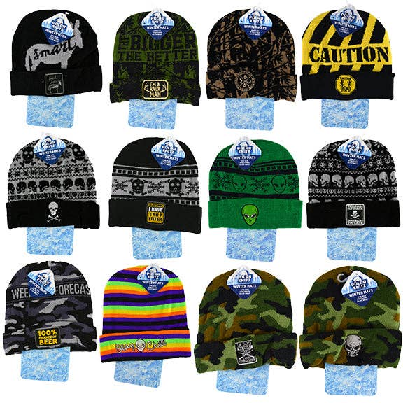 Novelty Closeout - Wholesale Beanie - Unisex - Polar Knitz Full Print Winter Hat Beanie Assortment- 12/Pack