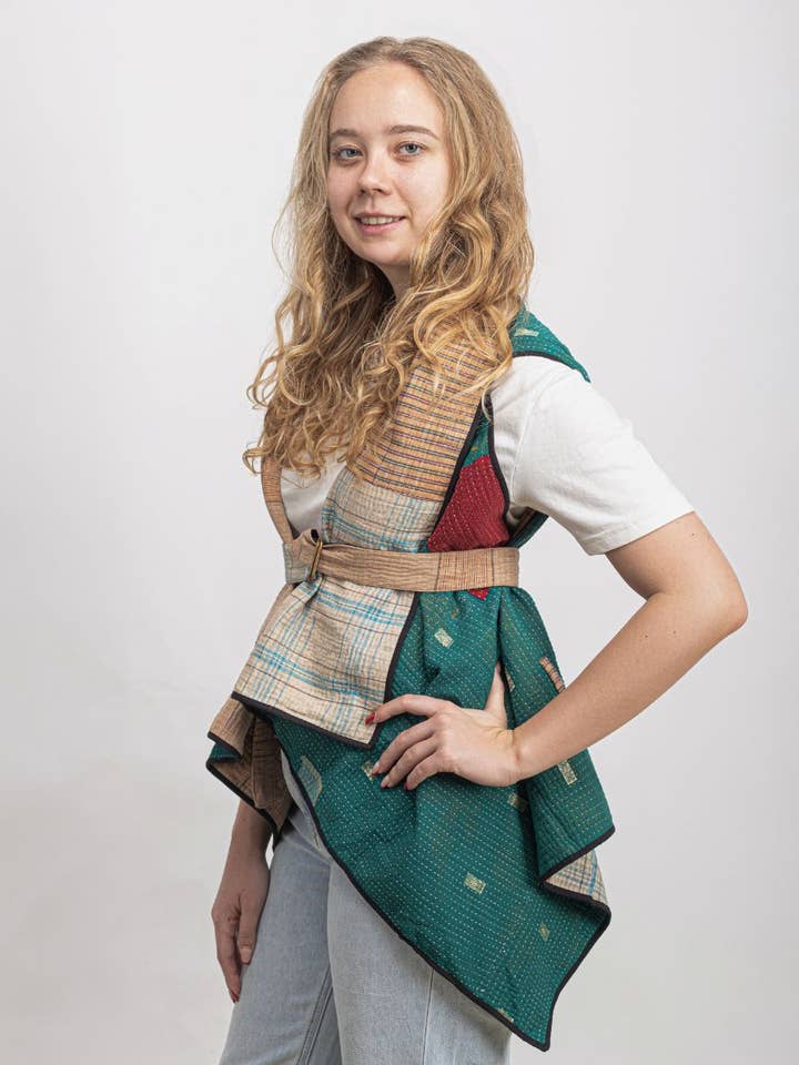 kantha vintage cape - green camel for wholesale by Fifth Origins