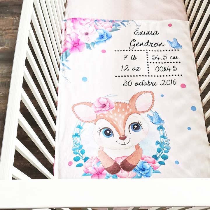 Doudou doublé minky de naissance personnalisable bambi fleuri for wholesale by Création cocolyly inc.