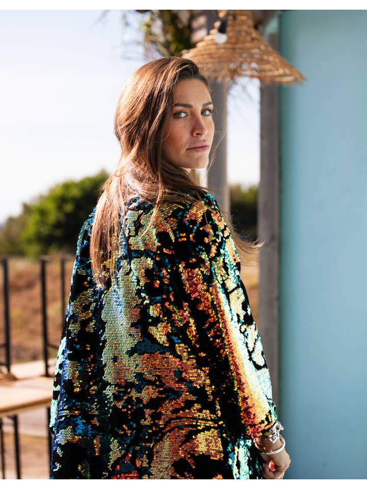 Festivo kimonos – Kimono - Mulher por atacado – Kimono de veludo iridescente com paetês flip flop3