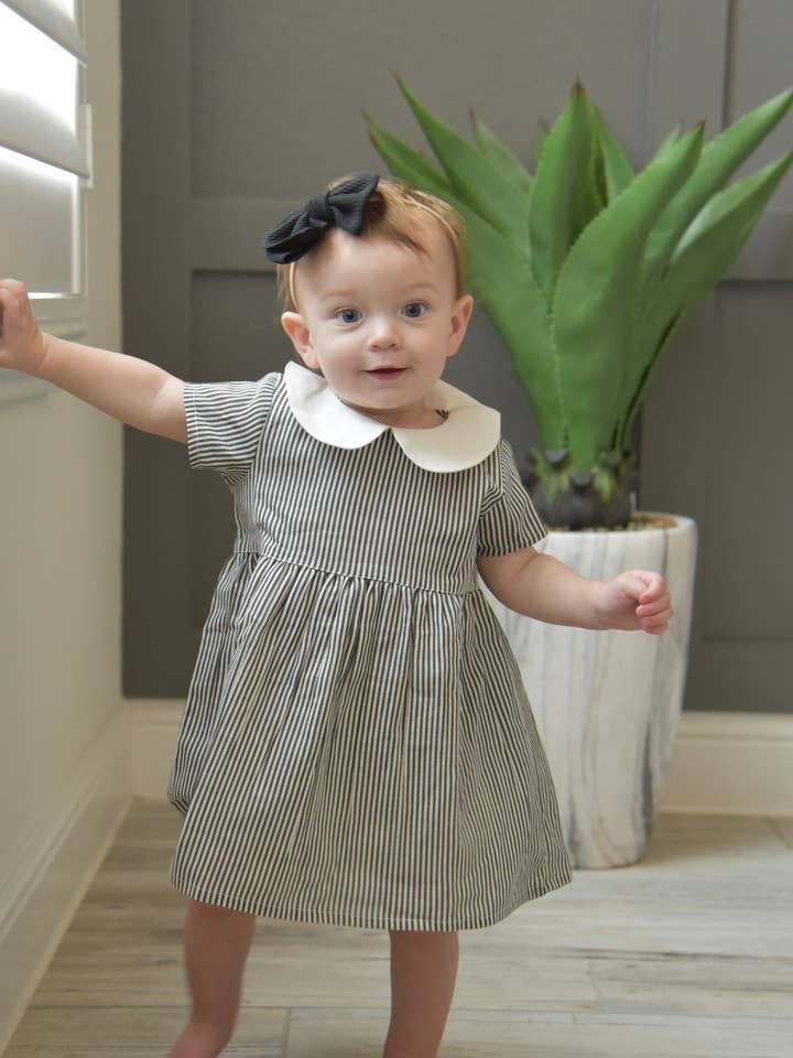 Grey Striped Peter-Pan Collar Dress With Matching Diaper Cover for wholesale by Yo Baby