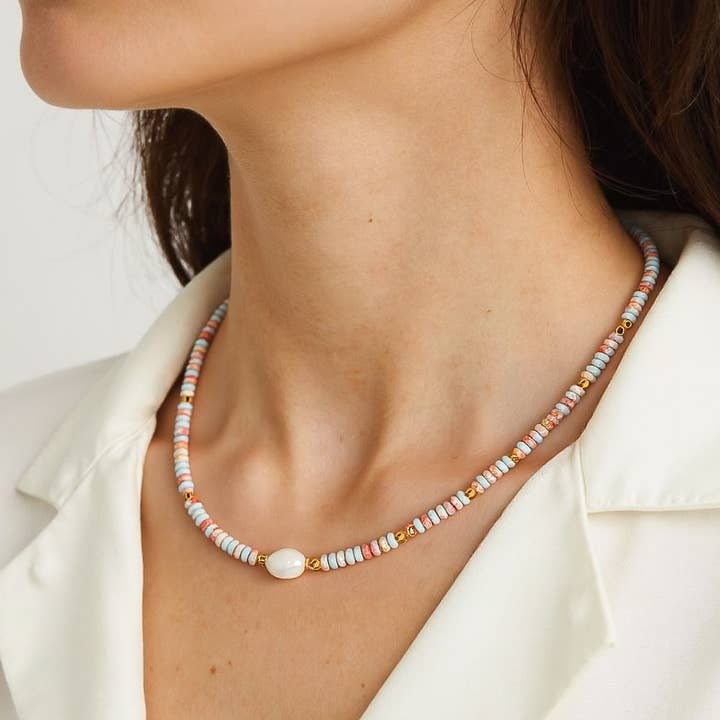 Multi Colored Swank Non-Tarnish Boho Beaded Pearl Necklace for wholesale on Faire1