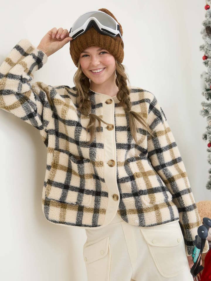 PLAID BUTTON DOWN TEDDY JACKET for wholesale by Blu Pepper