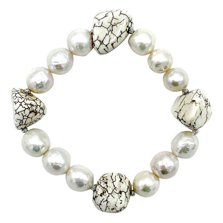 222-01 | WHITE MAGNESITE & EDISON PEARL STRETCH BRACELET for wholesale by Girl With A Pearl