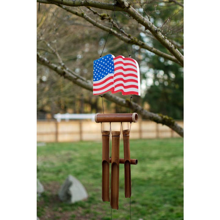 Cohasset Gifts - Wholesale Wind Chime - Waving American Flag Bamboo Wind Chime