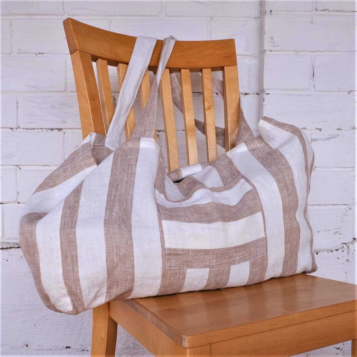 NorraVilla - Vente Tote bag – femme - Grand sac fourre-tout en lin à rayures blanches et marron1