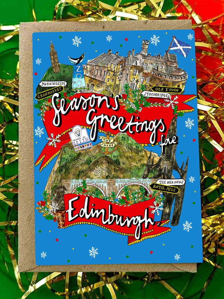 Seasons Greetings fae Edinburgh! Scottish Xmas Card for wholesale by Claire Barclay Draws