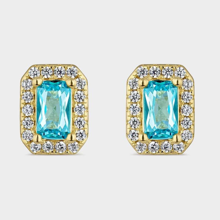 Aquamarine blue rectangular zirconia earrings for wholesale by Itemporality