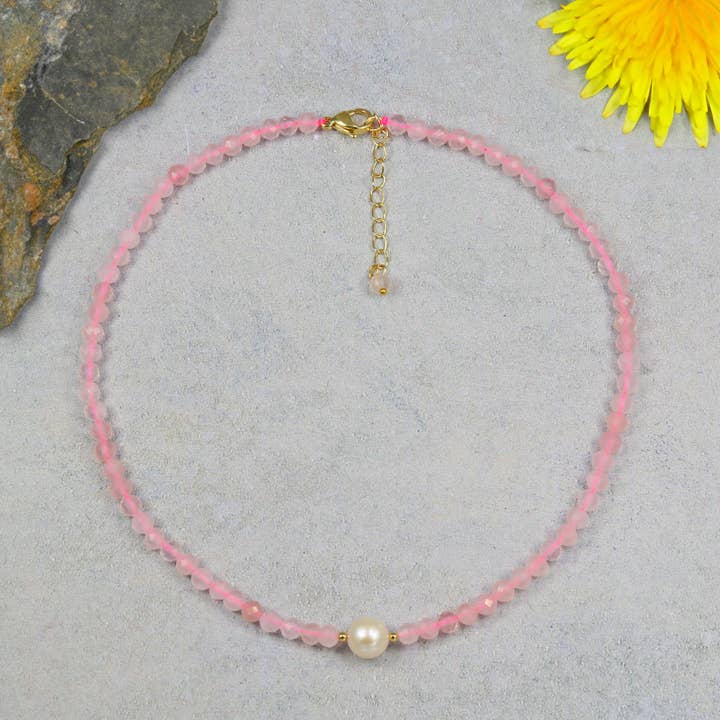 Rose Quartz and Freshwater Pearl Short Necklace for wholesale by IST Jewelry