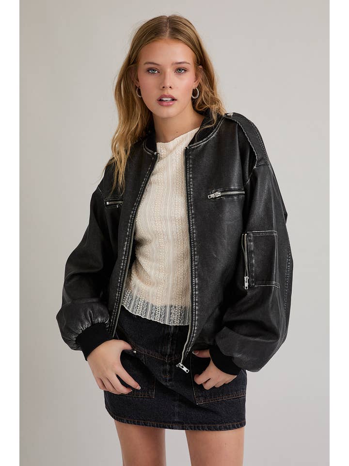 WASHED FAUX LEATHER BOMBER JACKET for wholesale on Faire4