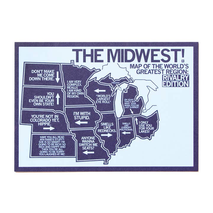 Midwest Rivalry Map Postcard for wholesale by RAYGUN