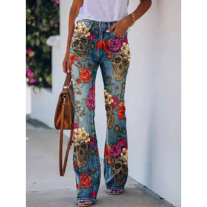 Skull Floral Printed Casual Pants for wholesale by Tourtiwi