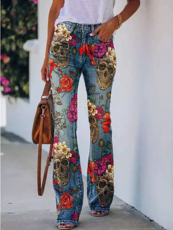 Blue Skull Floral Printed Casual Pants for wholesale on Faire