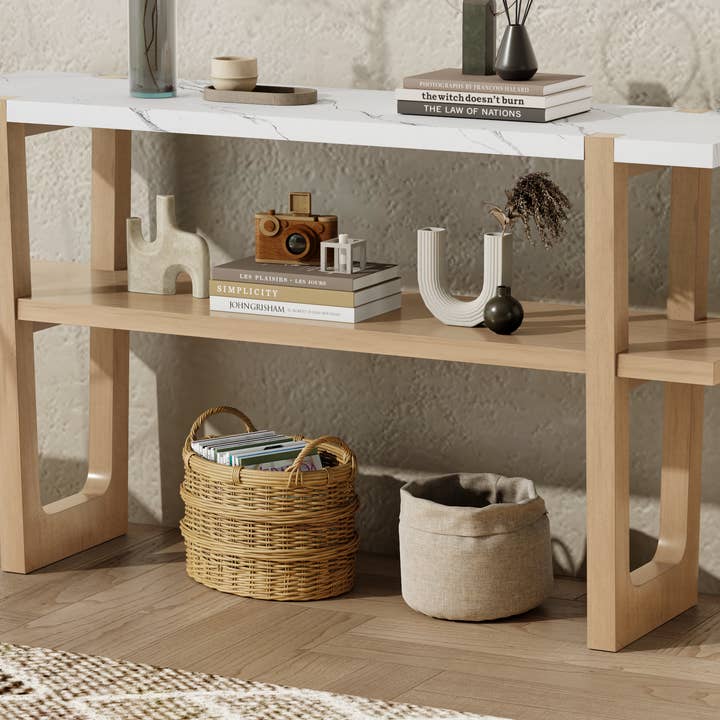 Orange County Decor - Wholesale Console Table - Retro Elegant Console Table With Marble Effect Top And Versatile Storage Solutions For Entryway And Living Room Natural Natural Solid Wood Mdf
