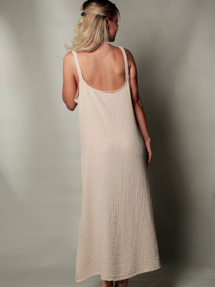 Moa – wholesale Klänning - Dam – Dubbel Gauze Beige Muslin Ärmlös Cami-klänning