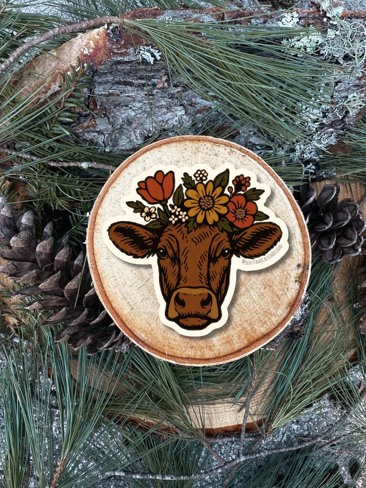 Floral Crown Cow Weatherproof Sticker for wholesale by Scotty + Calvin Designs