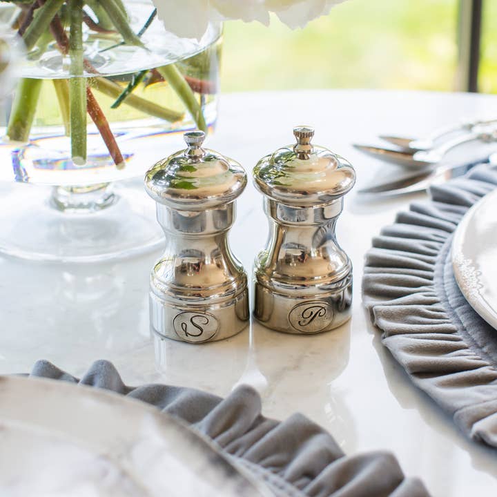 Arte Italica & Crown Linen Designs - Wholesale Salt & Pepper Shaker Set - Tavola Petite Pewter Salt & Pepper Grinder set1
