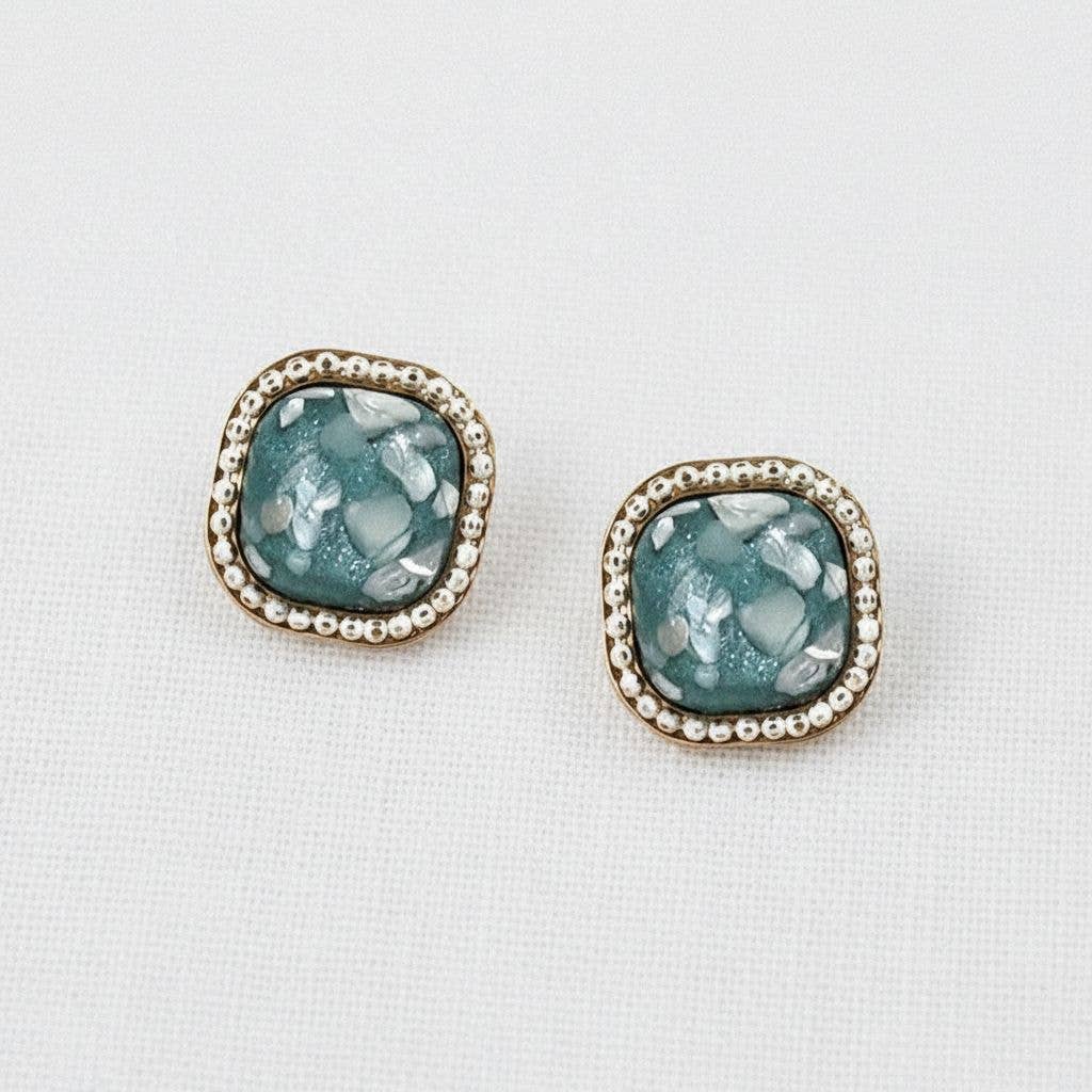 Ellemadera - Wholesale Stud/Post Earrings - Blue Square Crushed Shell Stud Earrings