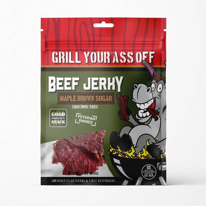 Lönnbrun socker nötköttsjerky 3oz köttsnack | Sött protein för wholesale av Grill Your Ass Off - Spices, Rubs, Seasonings, Sauces, Jerky