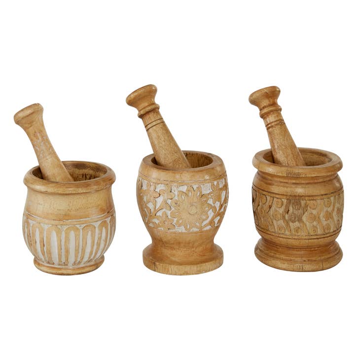 A-78277: WOOD MORTAR & PESTLE SET OF 3 8.5", 9", 8"H for wholesale by Import Corner