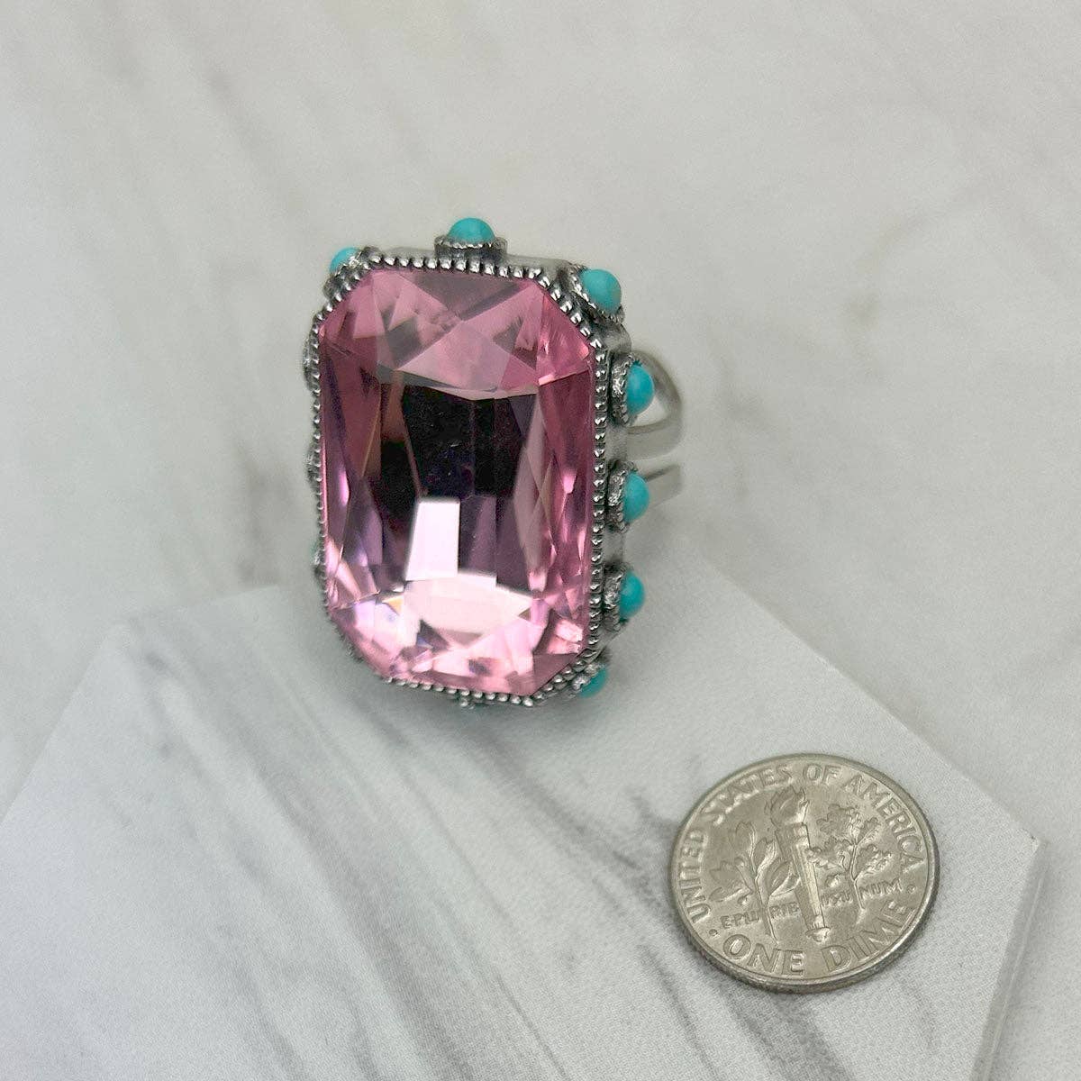 Western Elite Jewelry - Wholesale Cocktail/Statement Ring - RGY241130-02-CLEAR                        Silver metal with clear crystal and blue turquoise stone beads Ring2