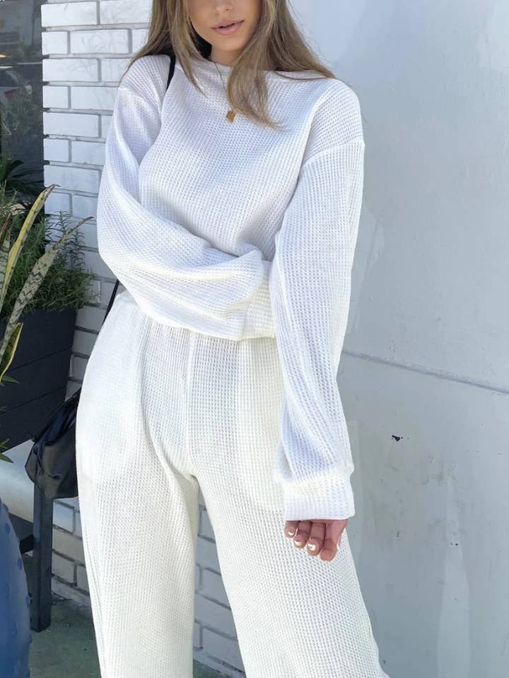 HIDDENBRAND - Wholesale Lounge Set - Women's - Waffle crop long sleeve top wide leg pant two piece set22