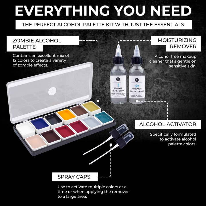 Narrative Cosmetics - Wholesale Face Paint/Play Makeup - Kids - 12-Color Zombie Alcohol-Activated Professional SFX Makeup Palette
