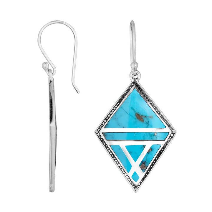 AE-6288-TQ Sterling Zilveren Turquoise Schelp Geometrische Diamant Opengewerkte Oorbellen – Groothandel Collectie voor wholesale door Bali Designs