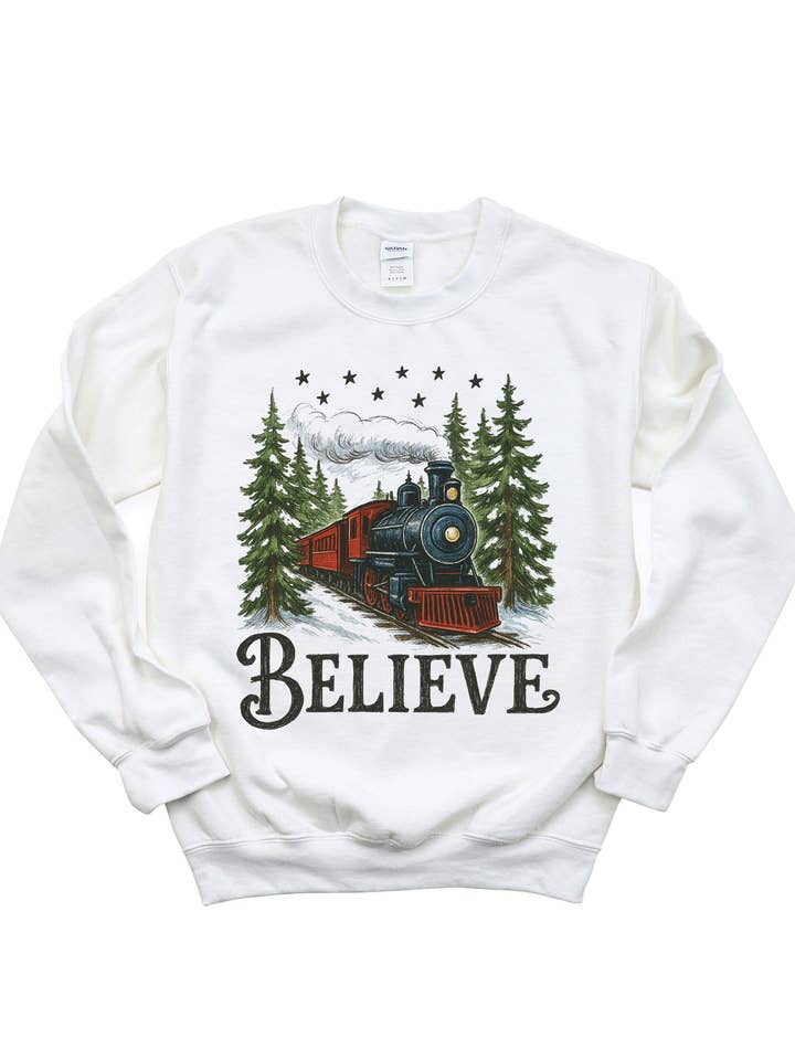 Little Mama Shirt Shop - Wholesale Graphic Sweatshirt - Women's - Believe Christmas Sweatshirt – Holiday Train Basic Fleece | Little Mama Shirt Shop1