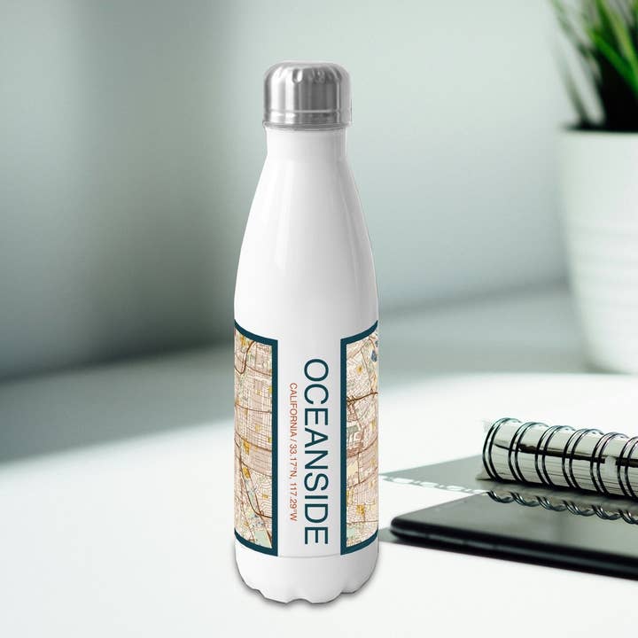 Oceanside CA Map Insulated Bottle in Woodblock for wholesale by JACE.design