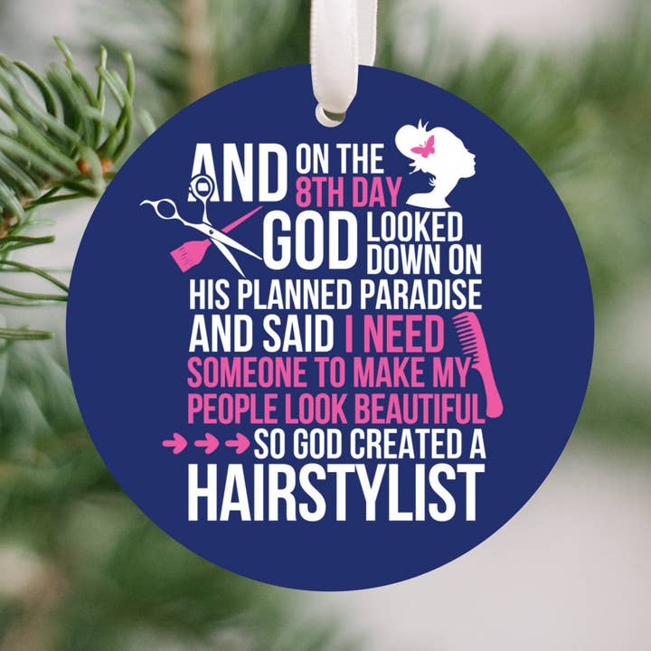 8th Day Hairstylist Pink Christmas Ornament for wholesale by cuteful creationz