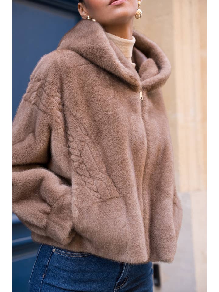 Attentif Paris - Wholesale Fur/Faux Fur Coat - Women's - Short coat with hood in faux fur with braided details19