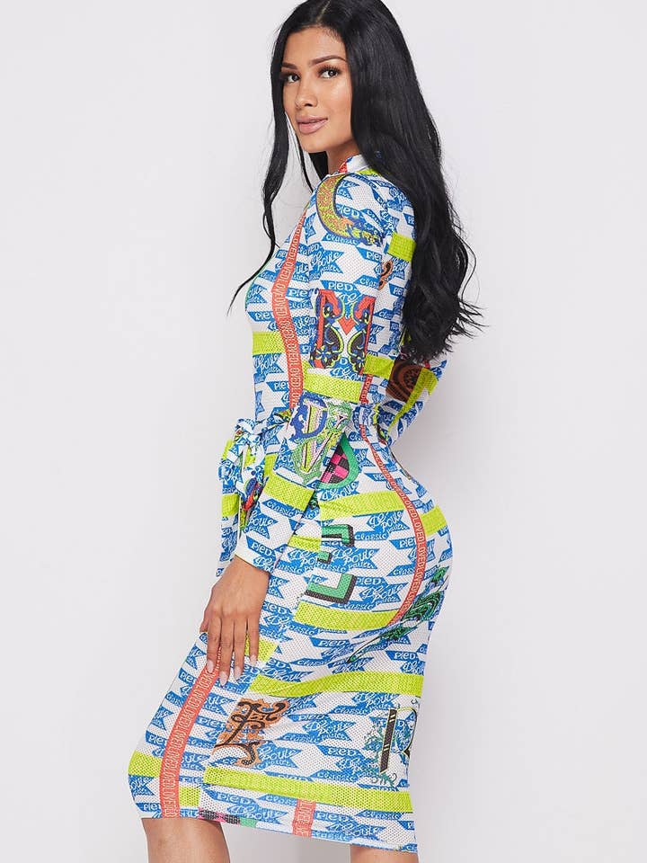 Mehrfarbiges blaues Langarm-Printkleid mit Frontreißverschluss für den Großhandel von The Steven Wick Company